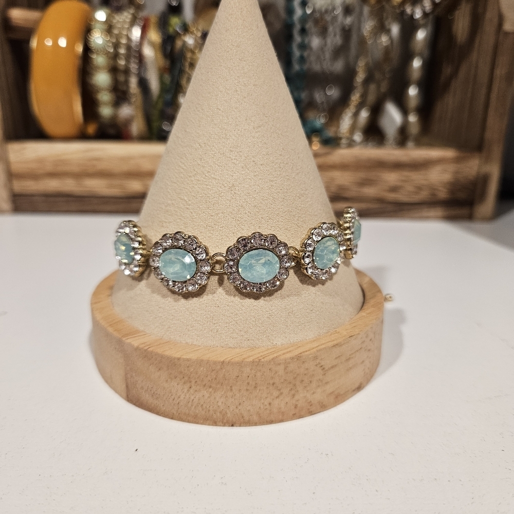 Gold and Blue Gemstone Rhinestone Bracelet Fancy Event Holiday Sparkle Jewelry